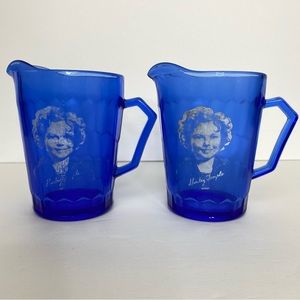 Vintage Set of 2 Hazel-Atlas Shirley Temple Ritz Cobalt Blue Glass Pitchers